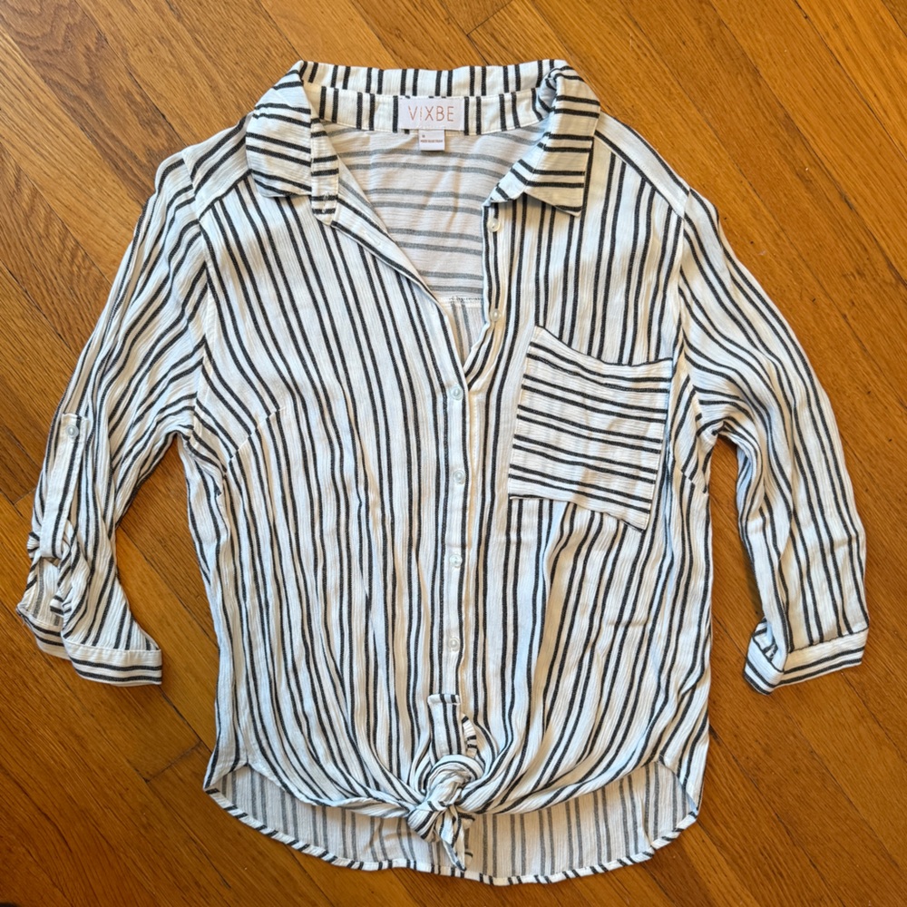 Vixbe White Black Stripes 3/4 Sleeve Button Up Top Shirt Size medium Womens Tie